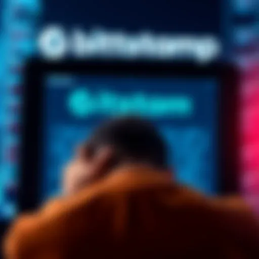 A frustrated customer looking at a frozen account screen with a Bitstamp logo in the background.