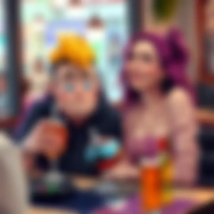 Bitto looks concerned about his wallet while his girlfriend enjoys herself at a trendy cafe, surrounded by drinks and laughter.