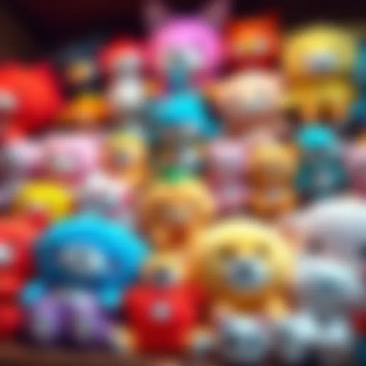 A colorful display of various Bitto plushies arranged together, showcasing their unique designs and vibrant colors.