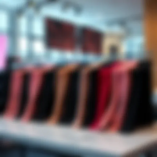 A display of black, pink, and skin-colored pantyhose arranged on a table, showcasing the variety of colors available.