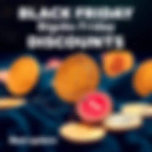 A graphic showing Bitcoin symbols with price tags indicating discounts for Black Friday sales.