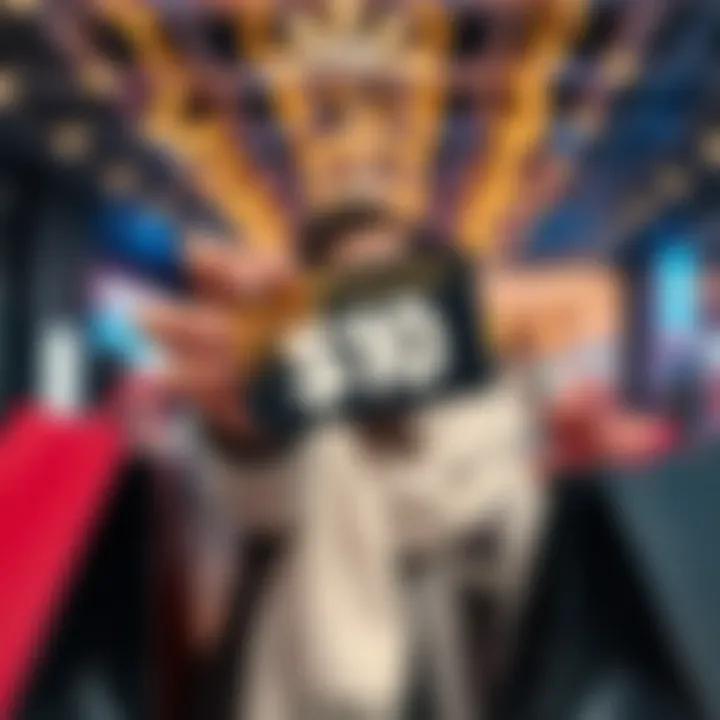 A person holding a $10 gift card with shopping bags around them, celebrating a Black Friday find.