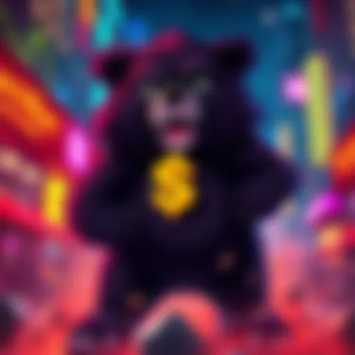 BlackBear Symbolizes Market Shift A bear character representing $BlackBear, standing strong amid falling market trends, with a confident expression and vibrant colors, capturing attention in a bearish environment.