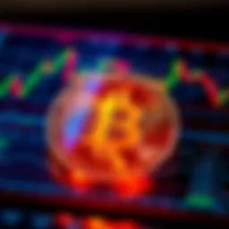 A digital representation of Bitcoin with financial charts and graphs indicating trading activity, symbolizing the launch of BlackRock's Spot Bitcoin ETF.