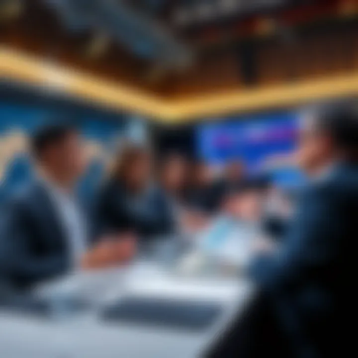 A financial conference with professionals discussing BlackRock's impact on the market, showcasing charts and data analysis.