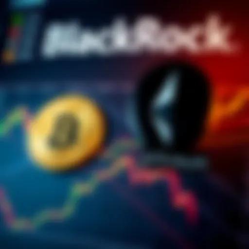 A graph showing the decline in Bitcoin and Ethereum values alongside the BlackRock logo, symbolizing market changes.