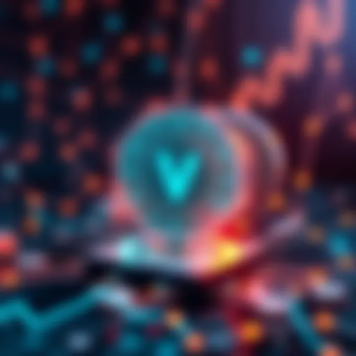 An illustration showing the integration of AI and blockchain technology, featuring a digital ledger and AI symbols to represent VeChain's role in building trust in tech.