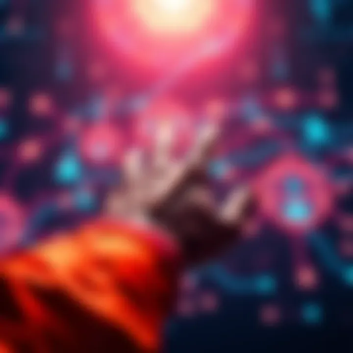 Illustration showing a human hand reaching towards a digital blockchain network with AI elements in the background.