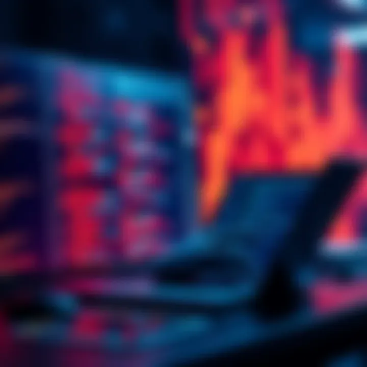 A developer working on a blockchain app with code on a laptop and blockchain graphics in the background.