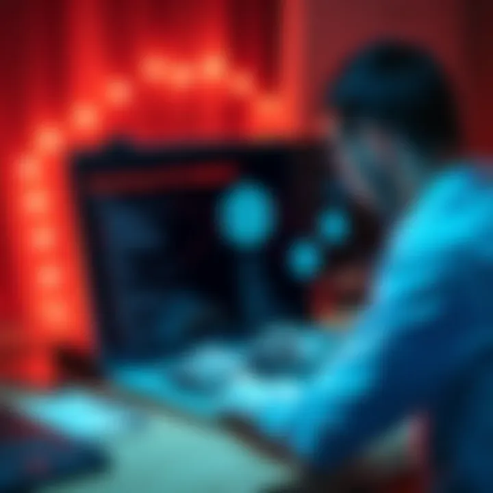 A person working on a laptop with a blockchain network diagram on the screen, looking for ETH Sepolia help