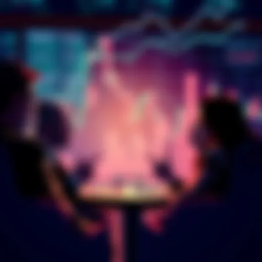 People discussing their options for exiting or holding investments in the blockchain space, with charts and graphs in the background representing market trends.