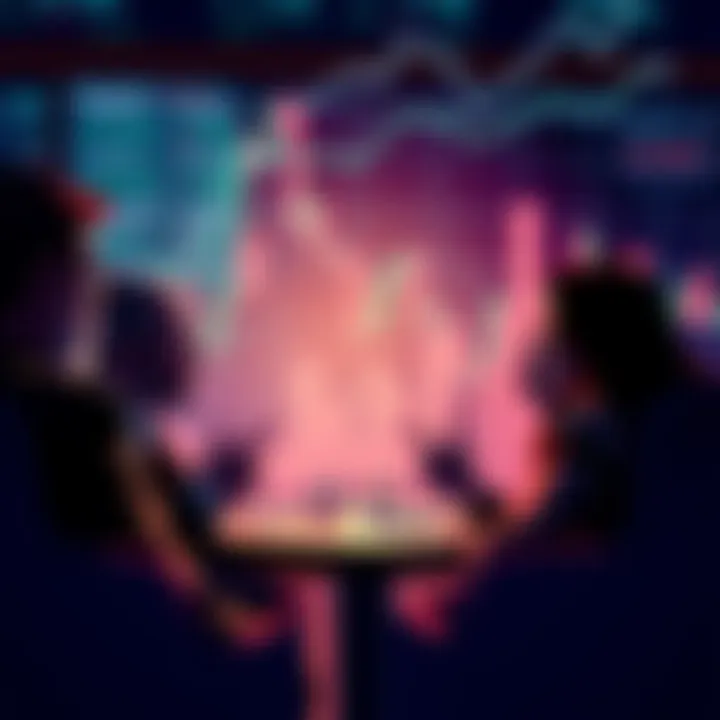 People discussing their options for exiting or holding investments in the blockchain space, with charts and graphs in the background representing market trends.