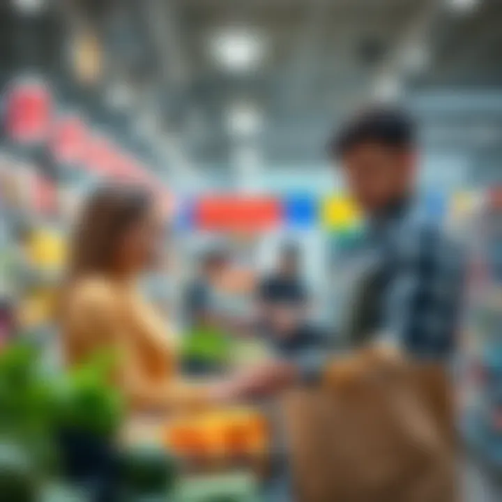 Blockchain Payments in Supermarkets A cashier in a supermarket using a blockchain payment system with a customer.