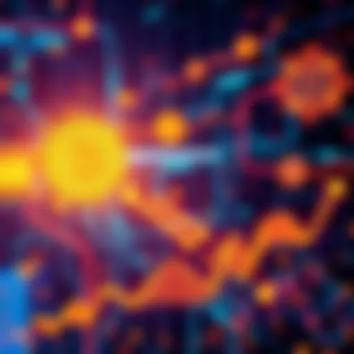 An illustration showing a digital representation of blockchains connecting and exchanging data, with arrows indicating swaps and a graph showing liquidity levels.