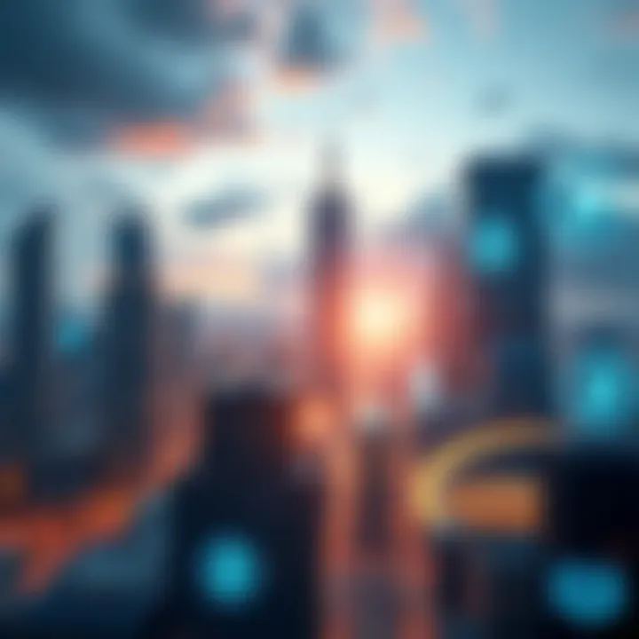 A futuristic city skyline with digital blockchain symbols integrated into buildings and commerce activities, showing the impact of blockchain technology on various industries.