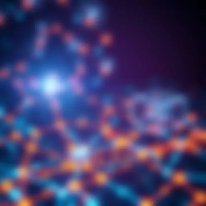 A digital representation of blockchain technology with interconnected blocks and data flow, symbolizing efficiency and transparency in industries.