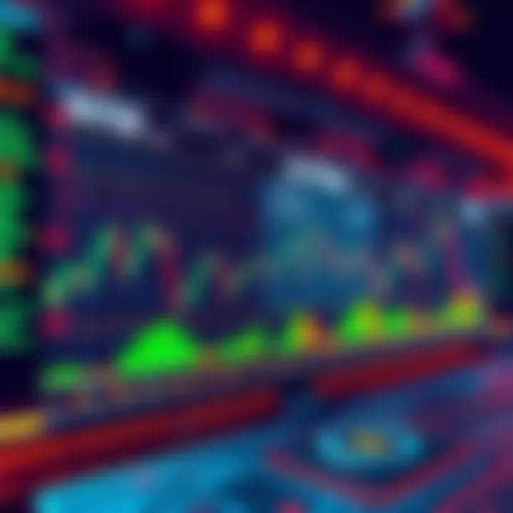 Illustration of a futuristic trading screen showing blockchain technology with stock charts and digital currency symbols