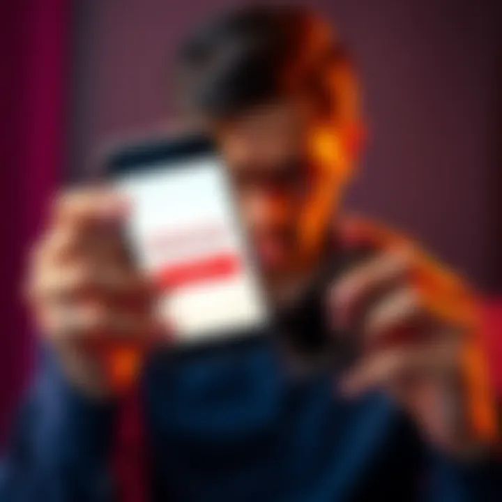 A person looking stressed while holding a phone, showing a blocked account message and an empty wallet, expressing frustration over lack of fund access