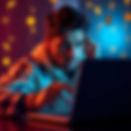A person looking frustrated while checking their blocked Blockchain.com wallet on a laptop, surrounded by cryptocurrency symbols.