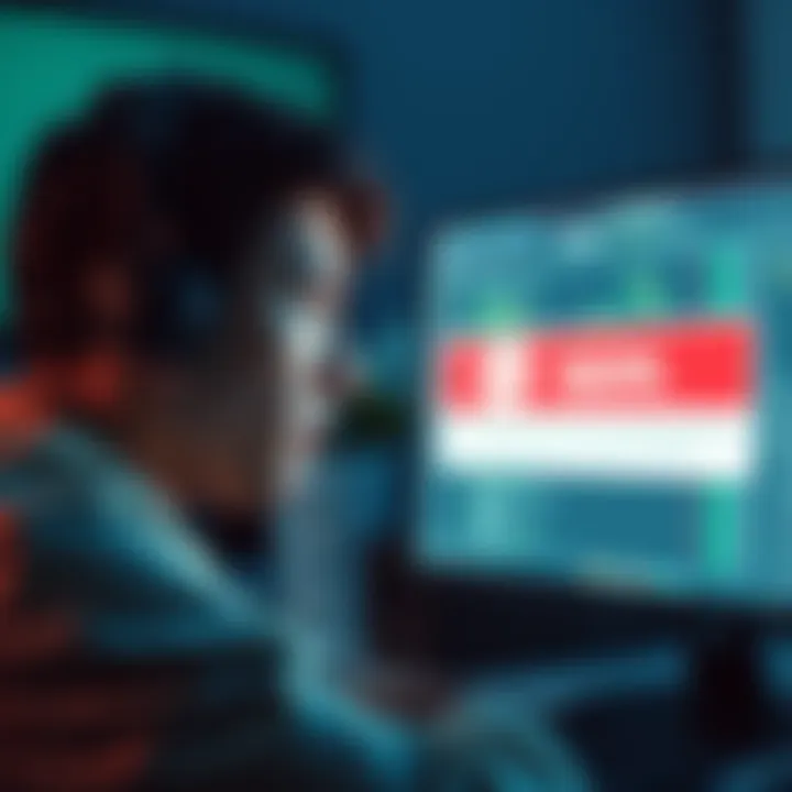 A worried person looking at a computer screen with a blocked transaction notification related to USDC on Kraken