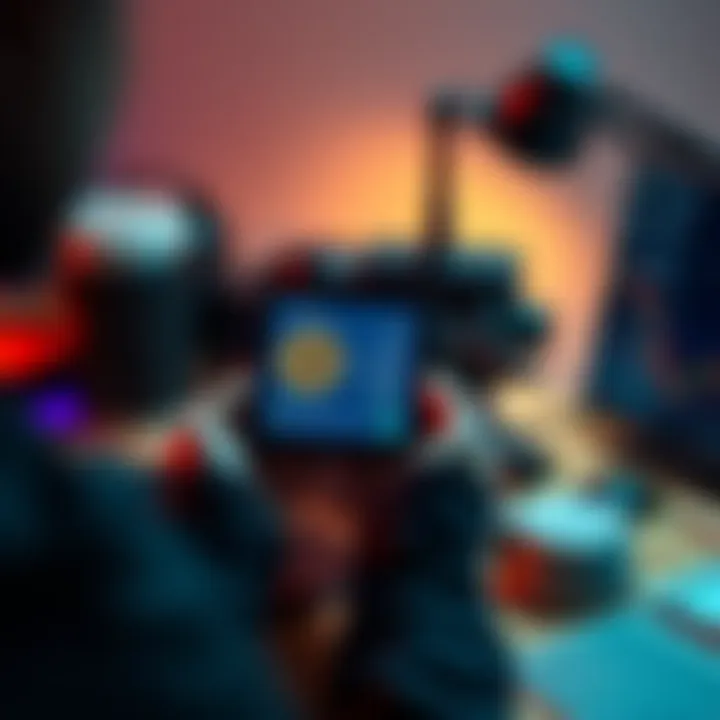 A user holds a Blockstream Jade Plus device, displaying the screen with Bitcoin balance information, while sitting at a desk with crypto-related items around.