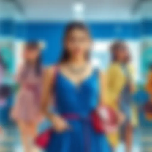 A young woman wearing a stylish blue dress, showcasing different accessories and styling options in a vibrant setting.
