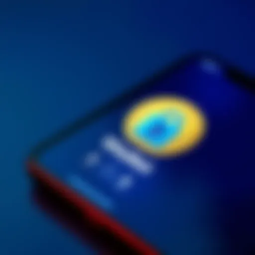 A close-up of a smartphone displaying the Blue Wallet app with Bitcoin and security icons