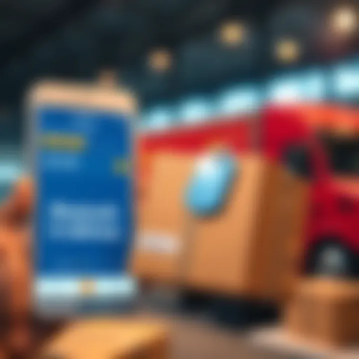 Bluetooth Tag in Delivery A Bluetooth tag attached to a delivery package, showing real-time tracking on a smartphone screen with a delivery truck in the background.