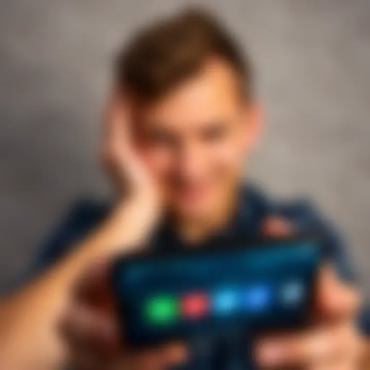 A smartphone displaying a blurry app screen with a frustrated person in the background