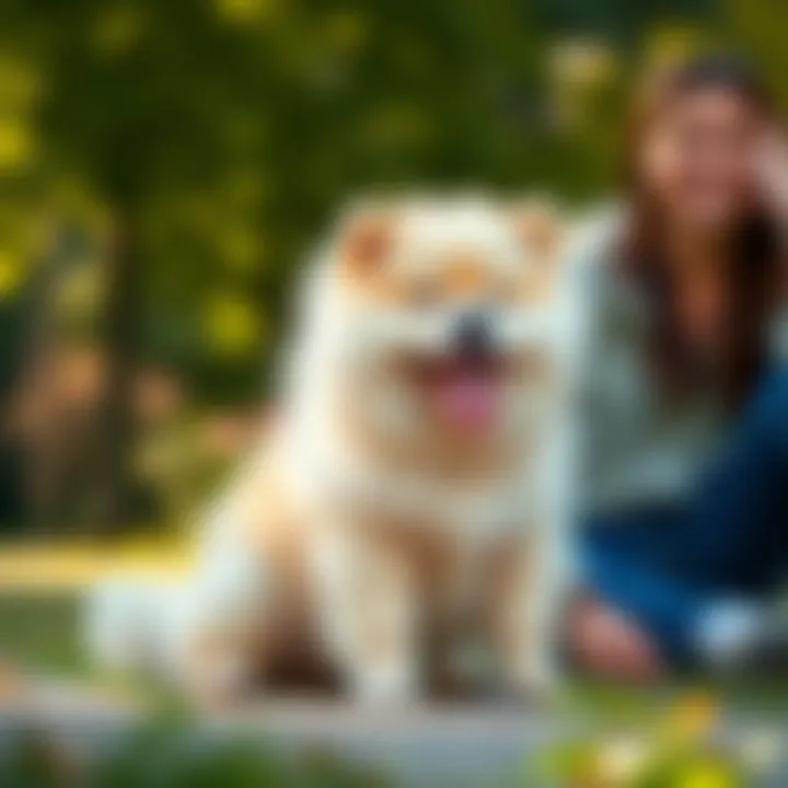 A cheerful chow chow Samoyed mix puppy named BMO sitting happily with his owner in a park, enjoying a sunny day together.