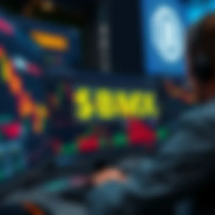 A trader analyzing cryptocurrency charts on a screen with the $BMX logo in the background, showing rising trends.