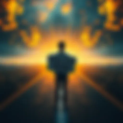 A person standing at a crossroads, looking determined while holding a sign that says 'Take the Risk'. The background shows a bright future ahead and a dark path behind them.