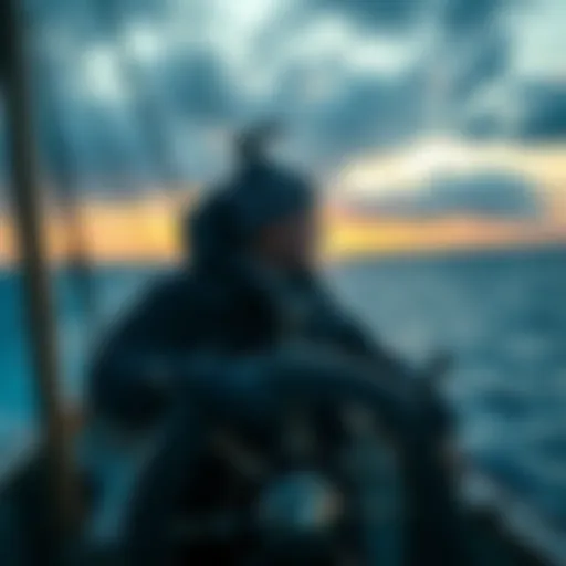 A confident leader standing at the helm of a ship, looking towards the horizon, symbolizing authority and direction in modern society.