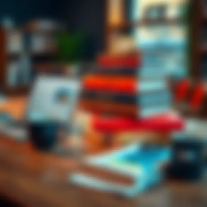 A stack of books about Bitcoin and finance on a wooden table, with a laptop and coffee cup beside it