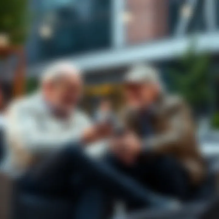 A boomer talks about selling assets while a non-investor suggests keeping cash, set in a casual outdoor setting