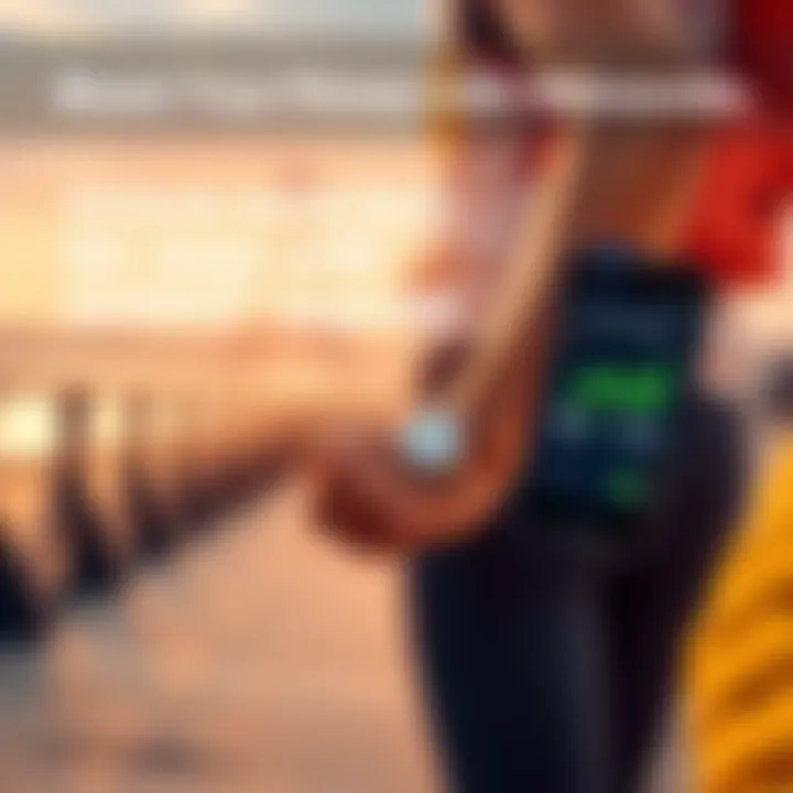 A person walking outdoors with a smartphone displaying fitness tracking, symbolizing earning rewards through physical activity with $SWEAT.