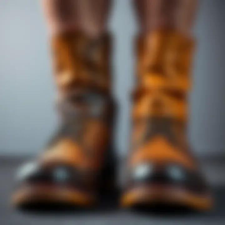 Boot leather options A pair of boots showing different leather textures on the upper and lower sections, indicating customization choices.