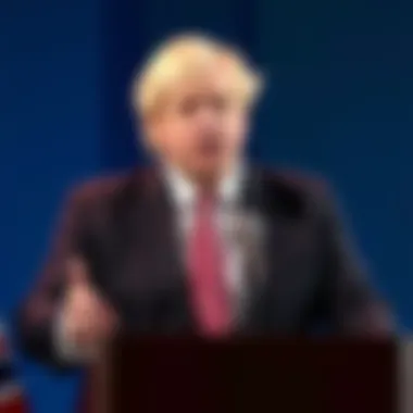 Former UK Prime Minister Boris Johnson at a podium making a statement about Bitcoin as a Ponzi scheme
