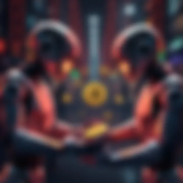 Two digital bots exchanging stable currency represented by coins, symbolizing a new payment model