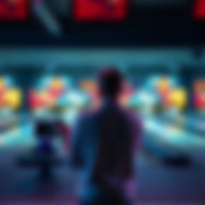 A bowler stands at the lane, frustrated while checking their phone for opponent updates before a match.