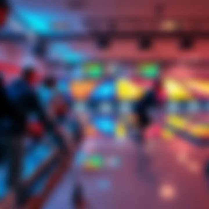 A busy bowling alley where players are focused on their games and a scoreboard can be seen in the background