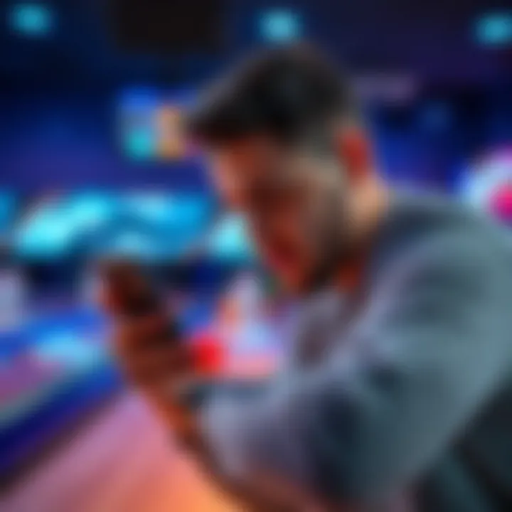 A frustrated player looking at their phone while trying to connect to a bowling game