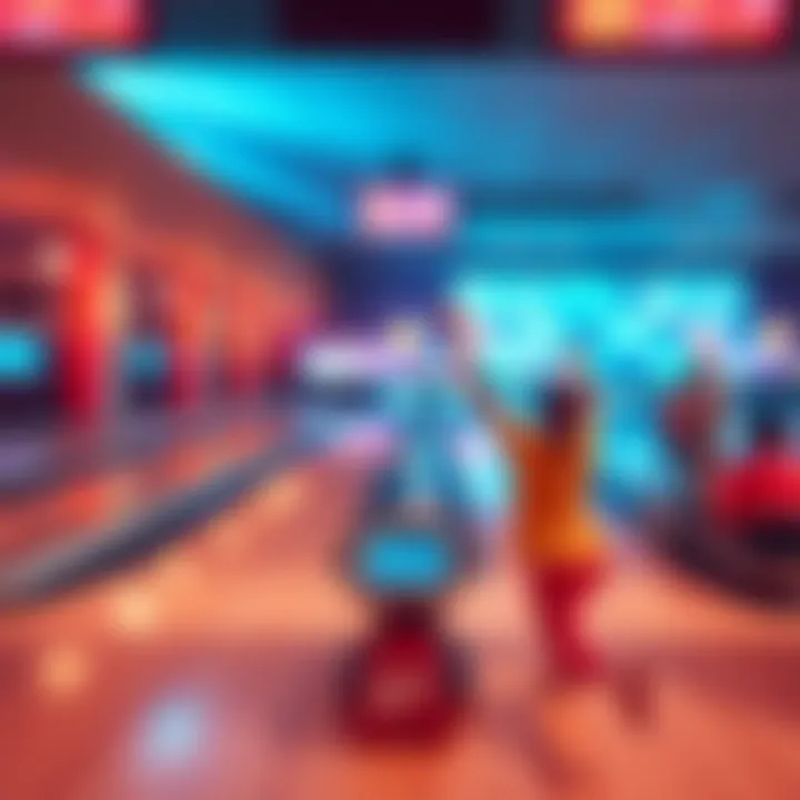 Players celebrating high scores at bowling games, showing excitement and competition on the lanes.