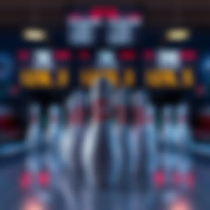 A close-up of bowling pins in a lane with a scoreboard displaying tie scores, highlighting the confusion among players in Atlas bowling.