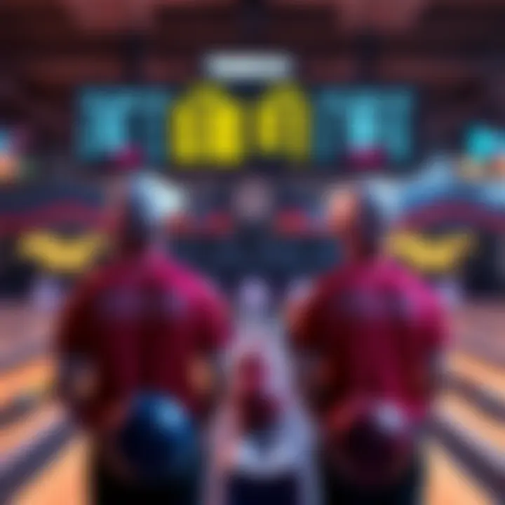 Two bowlers stand next to a scoreboard displaying tied scores, discussing how winners are chosen in tiebreaks.