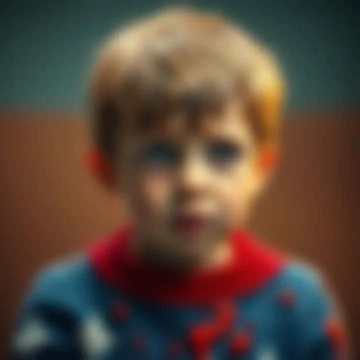 Young boy looking upset with vomit stains on his sweater, showing a moment of distress and confusion.