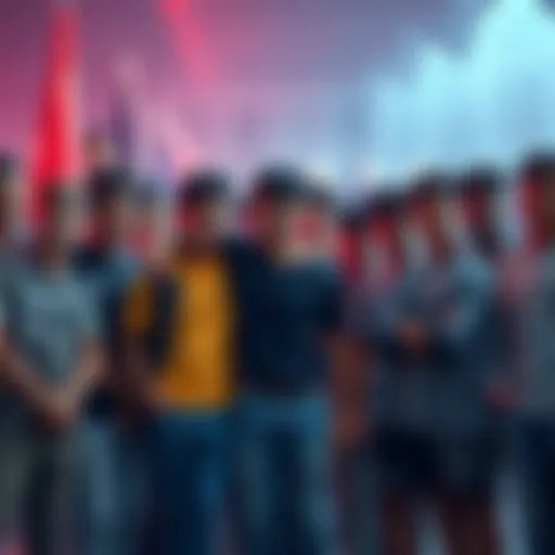 A large group of boys standing together, smiling and showing support for their movement, symbolizing unity and strength.