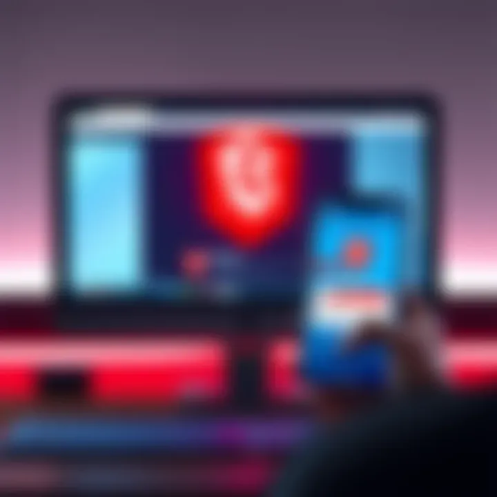 A computer screen showing the Brave browser with no ad notifications, while a smartphone displays ad notifications. The user appears confused.