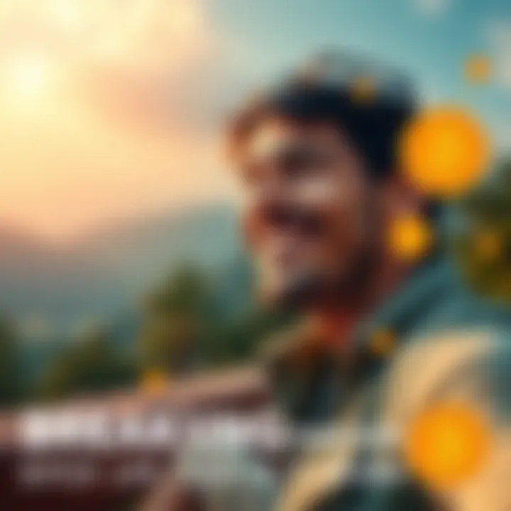 A person enjoying life outdoors, smiling and relaxed, with a backdrop of nature and symbols of Bitcoin.