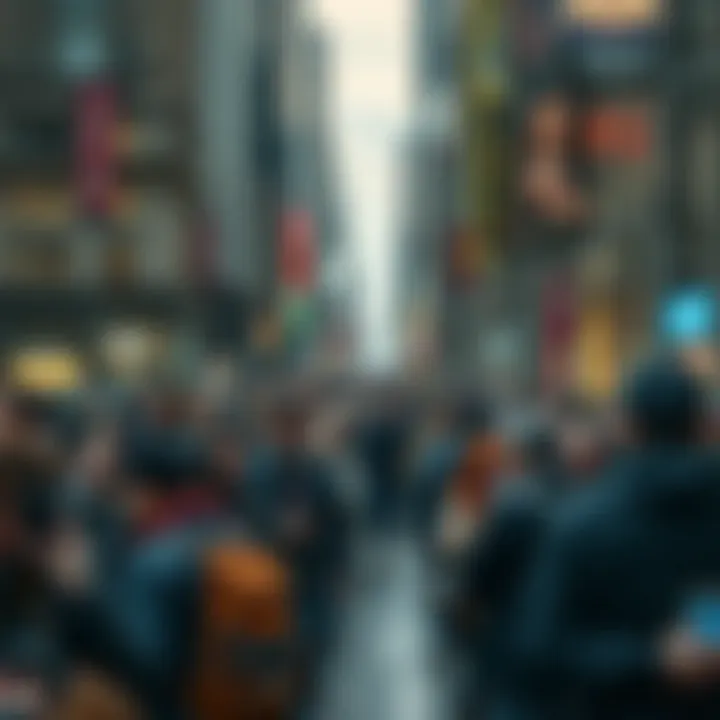 A crowded city street with people reacting to shocking news on their phones and social media, showing surprise and concern.